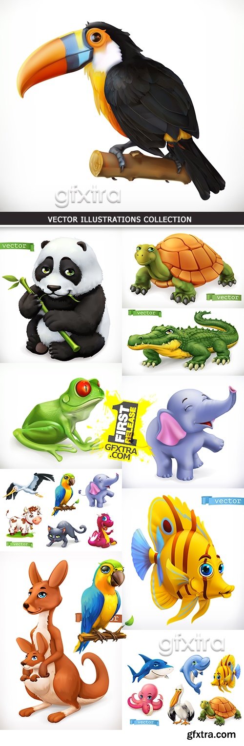 Funny sea and tropical wild animals 3d vector
