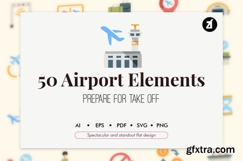 50 Airport elements in flat design