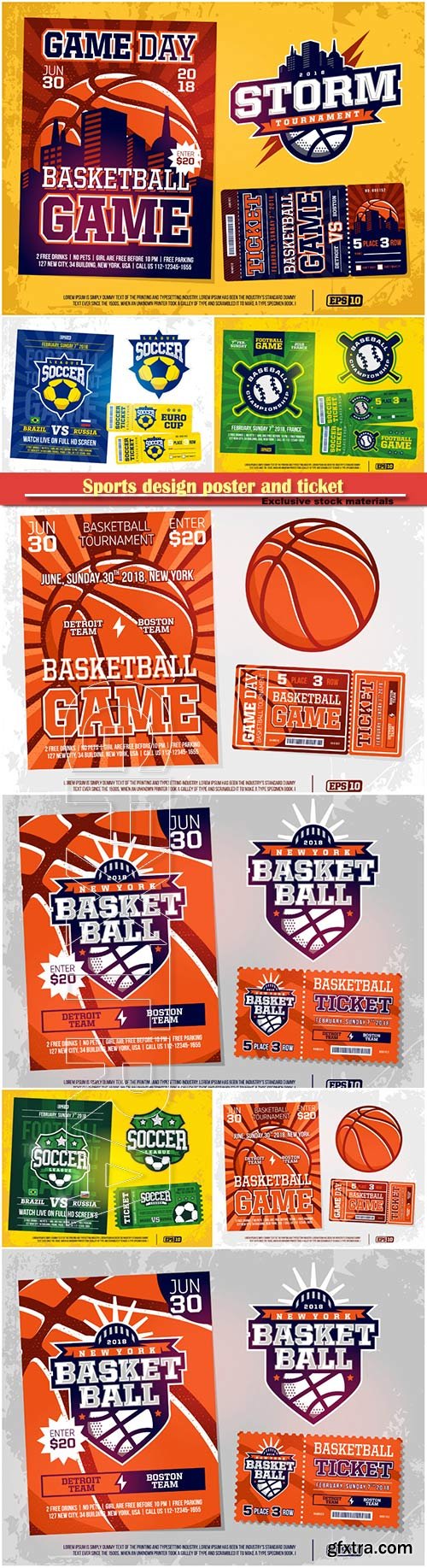 Sports design poster and ticket and emblem for baseball, soccer, basebal