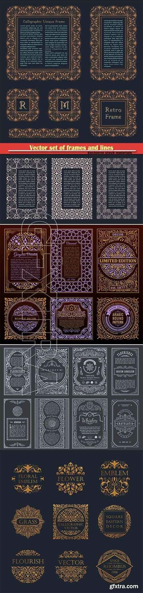 Vector set of frames and lines of art design template, emblems