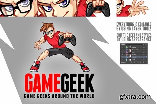 Cartoon Cool Geek Gamer Boy Mascot Logo Kit