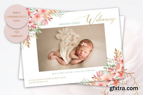CreativeMarket - Birth Announcement Card Template #1 3558151