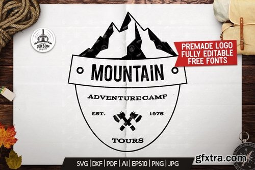 Retro Camping Insignia, Mountain Vector Logo Label