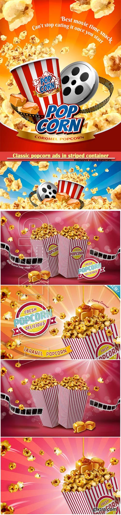 Classic popcorn ads in striped paper container, 3d vector illustration