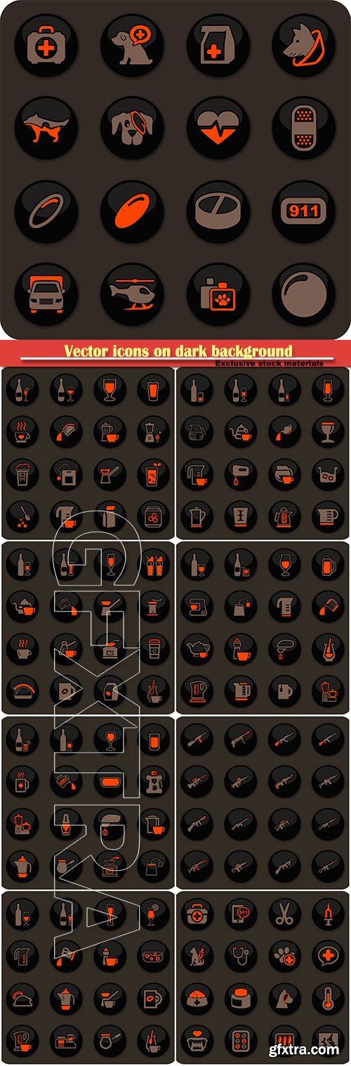 Vector icons on dark background for user interface design