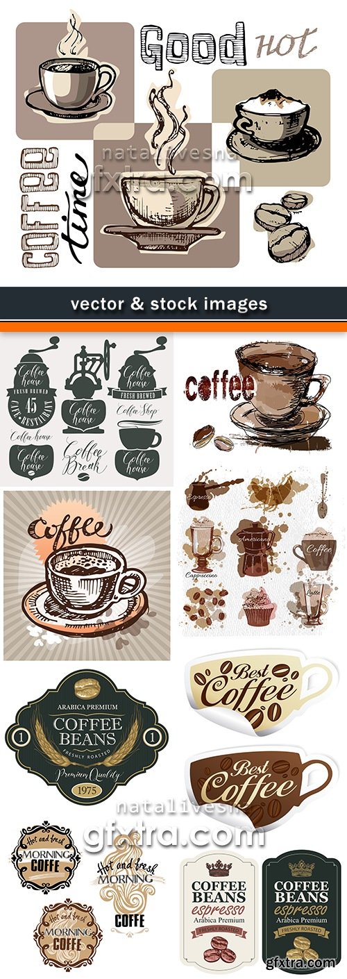 Coffee shop and cup fragrant cappuccino breakfast set labels