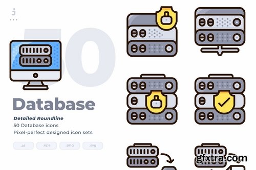 50 Database Icon set - Detailed Round