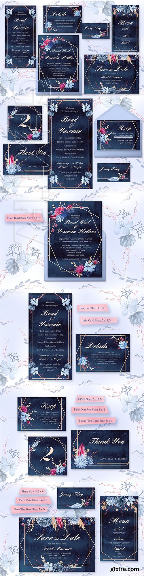 CreativeMarket - Navy Watercolor Wedding Invitations 3667903