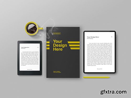 Ereader, Tablet, and Book Cover with Coffee Cup Mockup 259195343