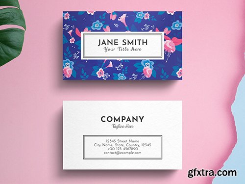 Floral Business Card Layout on Blue Background 260560429