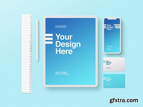 White Tablet, Phone, and Business Card Mockup on Blue Background 259195374