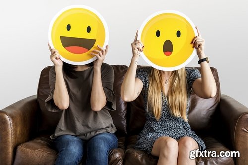 Cheerful People Holding Emoticon Icon
