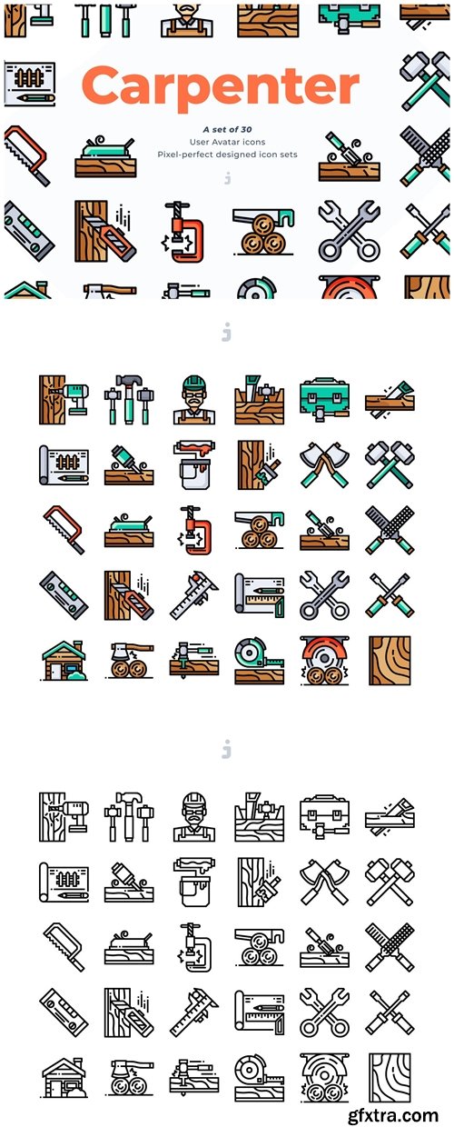 30 Carpenter Elements And Tools Icons