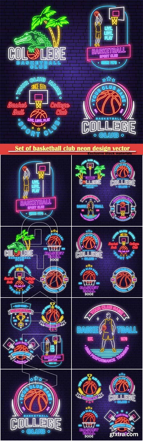 Set of basketball club neon design vector emblem