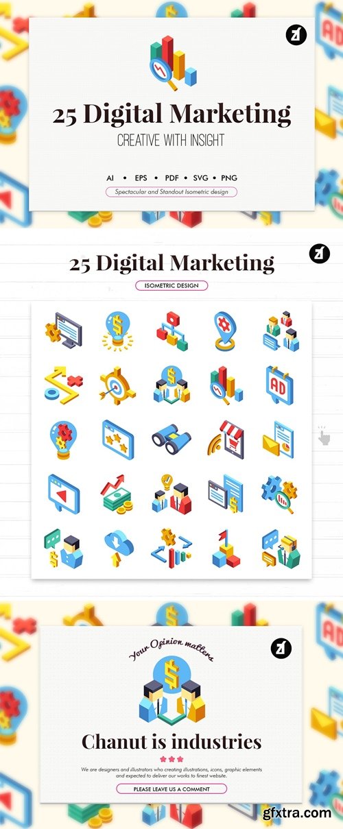 25 Digital marketing isometric elements