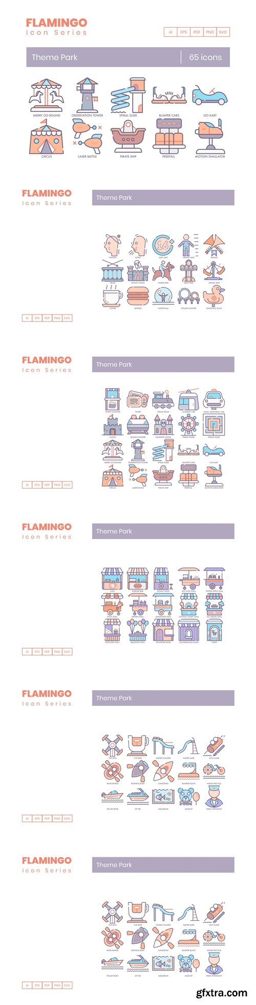 65 Theme Park Icons | Flamingo Series