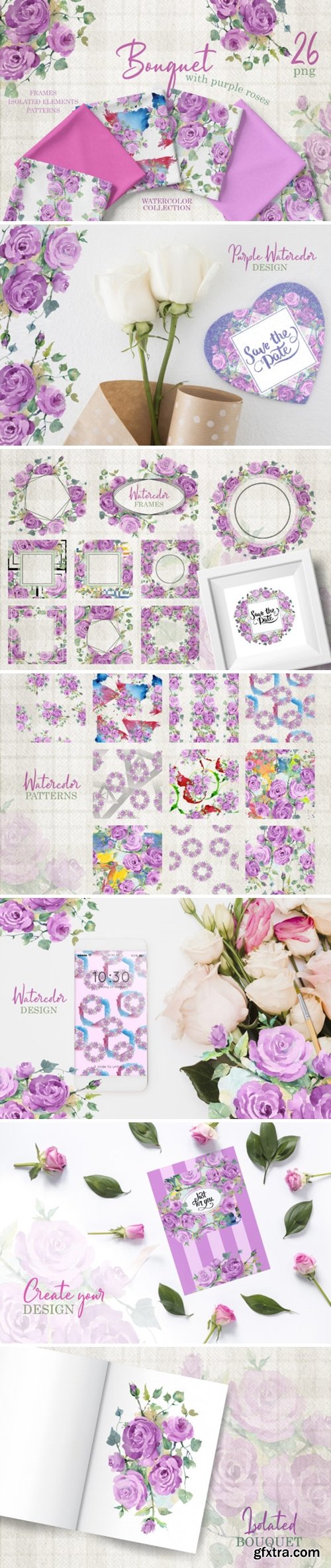 CM - Bouquet with Purple Roses Watercolor Png 3777440