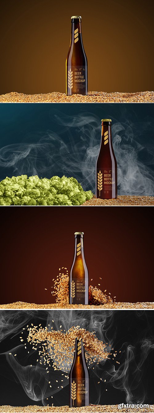 4 Beer Bottle Mockups with Hops, Grain, and Smoke Elements