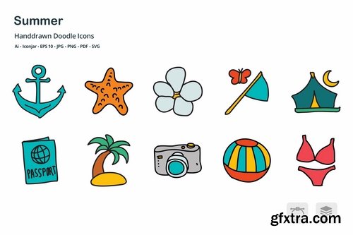 Summer Holidays Hand Drawn Doodle Icons