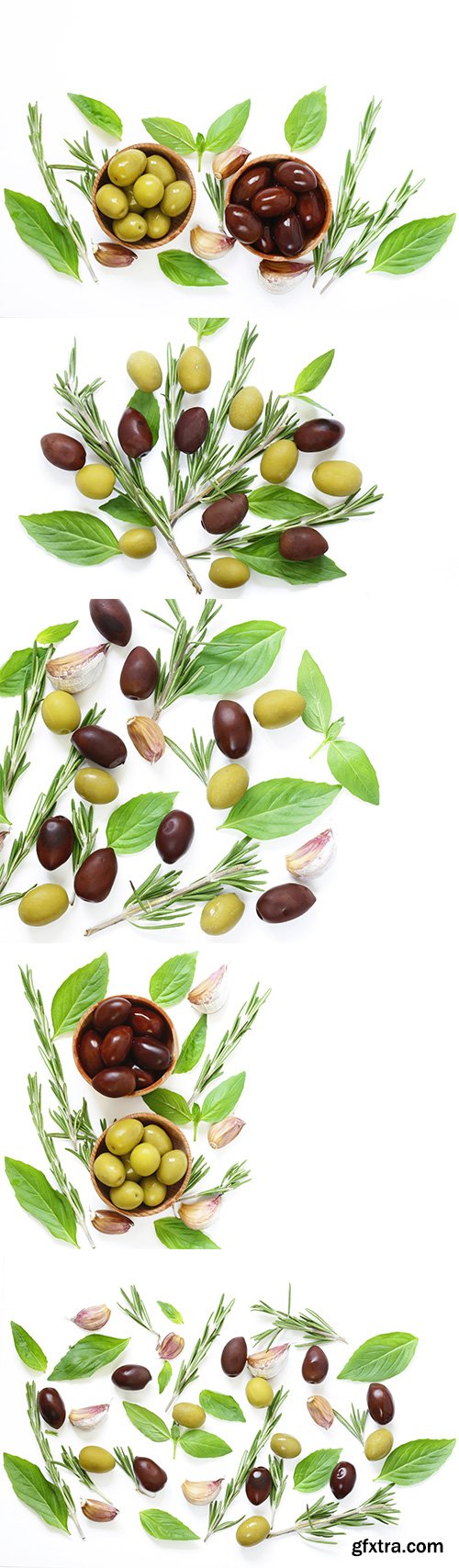 Black And Green Olives With Herbs And Spices Isolated - 7xJPGs
