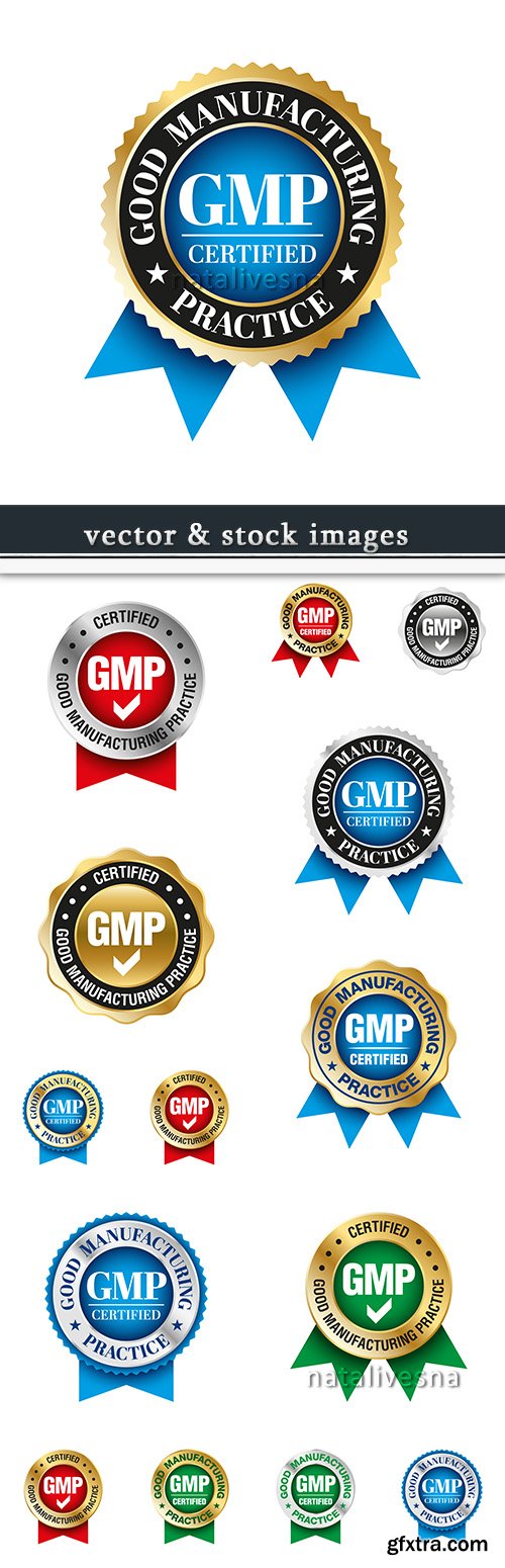 GMP badges with tapes gold style vector collection