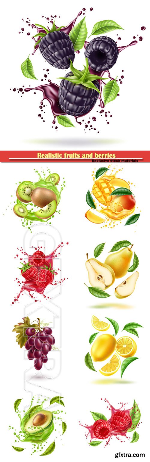 Realistic fruits and berries, fresh juice splash