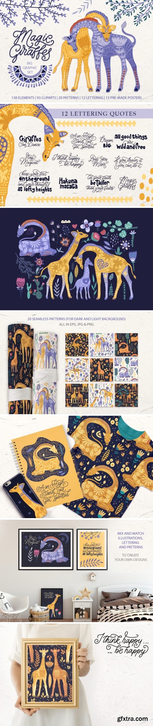 Magic Giraffes. Folk Art Graphic Set. 1467619