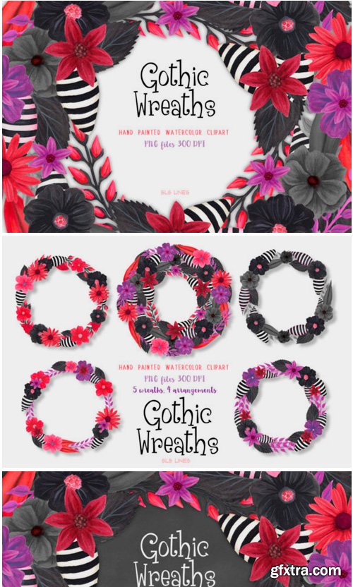 Gothic Floral Wreaths Watercolor Clipart 1467678