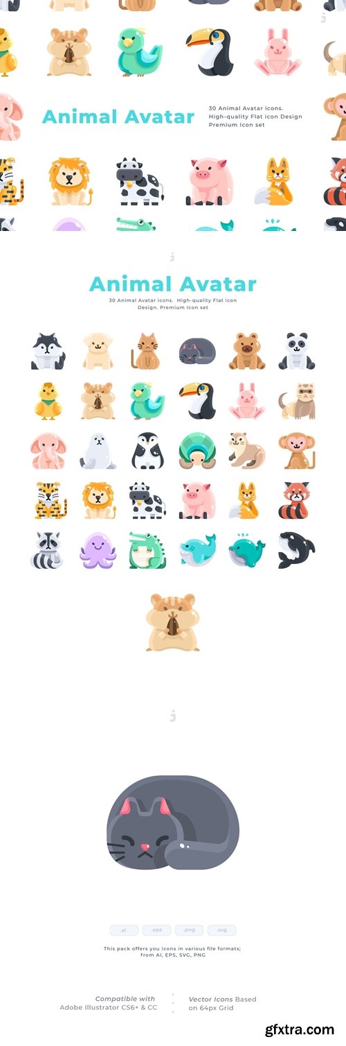 30 Animal Avatar Icons - Flat
