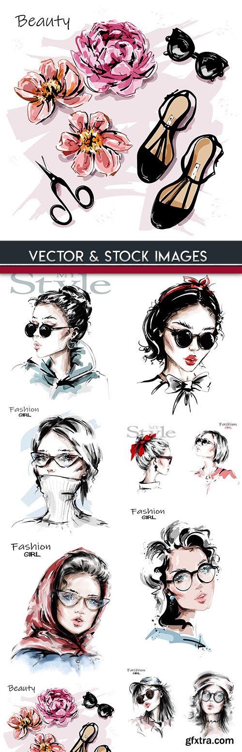 Fashion girl elegant style vector sketch of illustrations