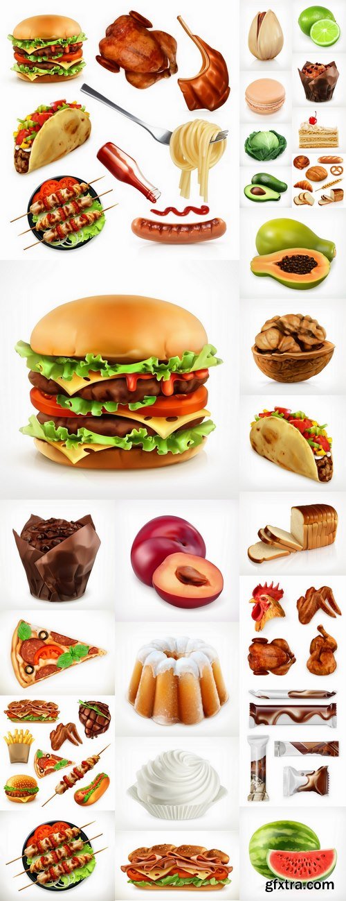 Nuts fruit vegetables meat burger fast food meal different vector image 25 EPS