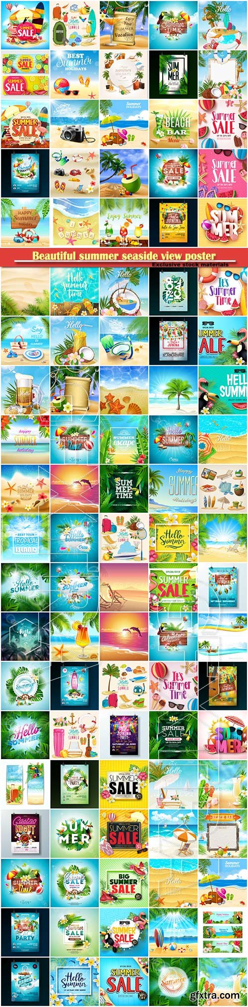 Beautiful summer seaside view poster, tropical sea, travel background vector illustration