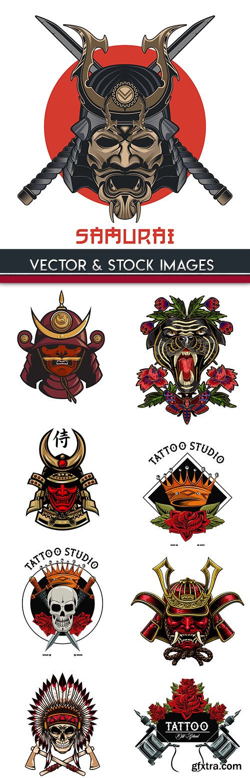 Samurai and skull vintage design tattoo
