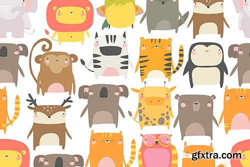 Vector seamless pattern with cute animals on white