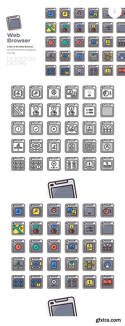30 Web Browser Icon set - Detailed Round line