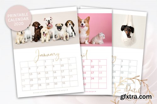 CreativeMarket - Printable Monthly Calendar 2020 Dogs 3895184