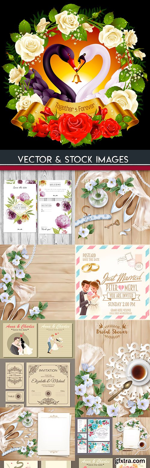 Wedding decorative invitations with flowers and elements
