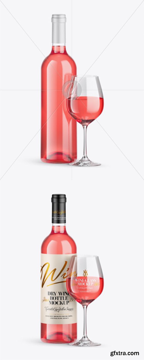 Clear Pink Wine Bottle w/ Glass Mockup 39860