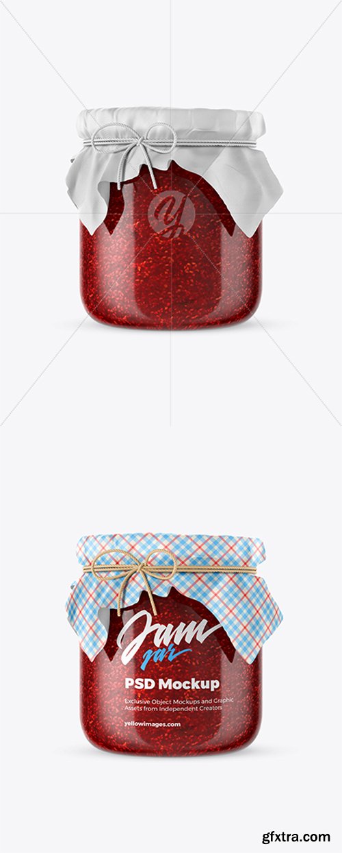 Glass Raspberry Jam Jar w/ Fabric Cap Mockup 39596