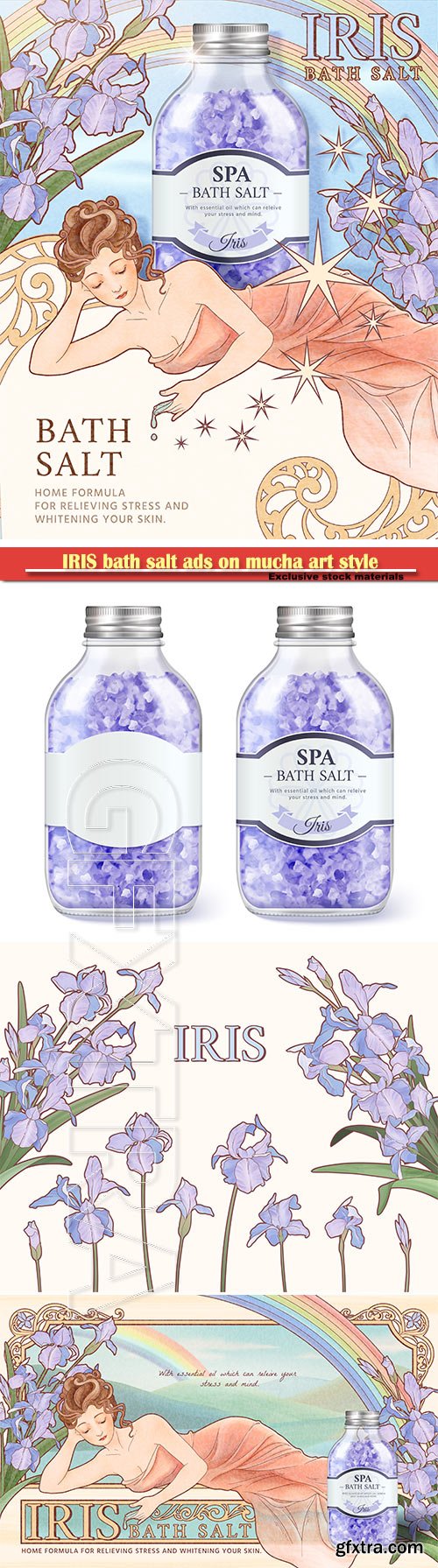 IRIS bath salt ads on mucha art style background, woman side lying with purple flowers