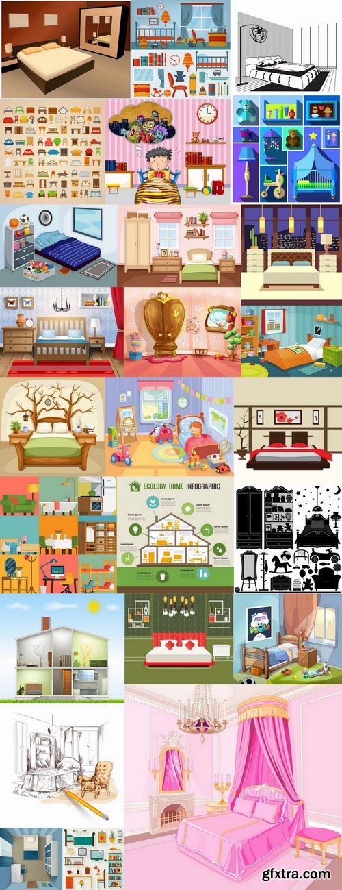 Interior bedroom bed table chair chair icon baby illustration 25 EPS