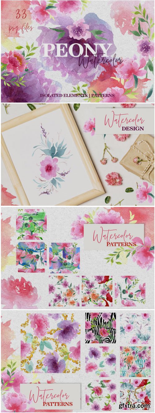 Watercolor Pink Peonies PNG Collection 1582575