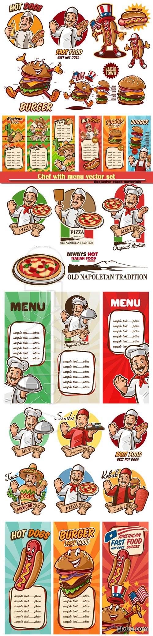 Chef with menu vector set, chef italian, mexican, arab, american, japanese, fast food set