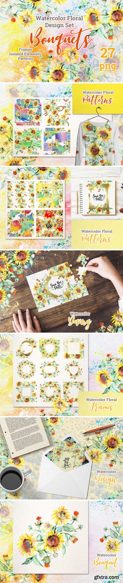 Watercolor Bouquets with Sunflowers PNG 1593462
