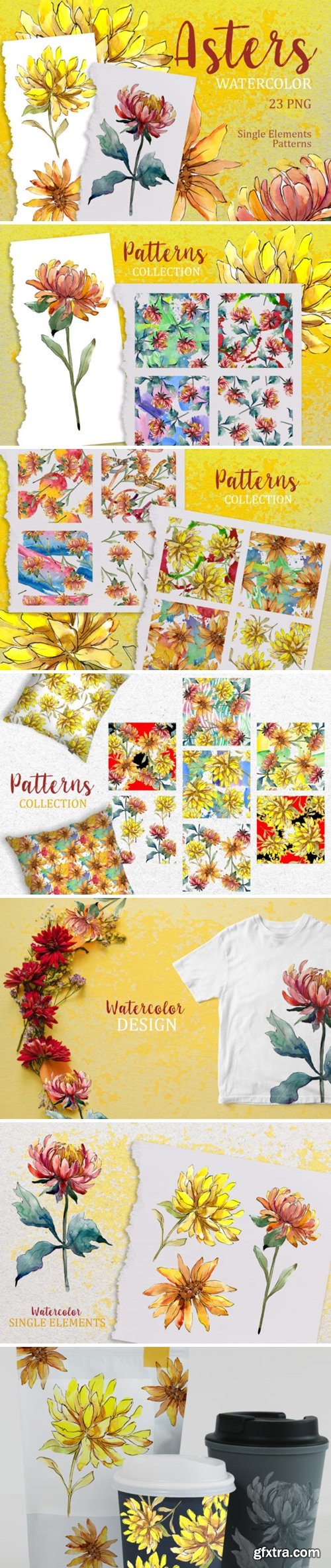 Yellow Watercolor Asters PNG Set 1598562