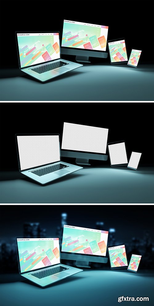 4 Screen Devices on Dark Background Mockup 253165962