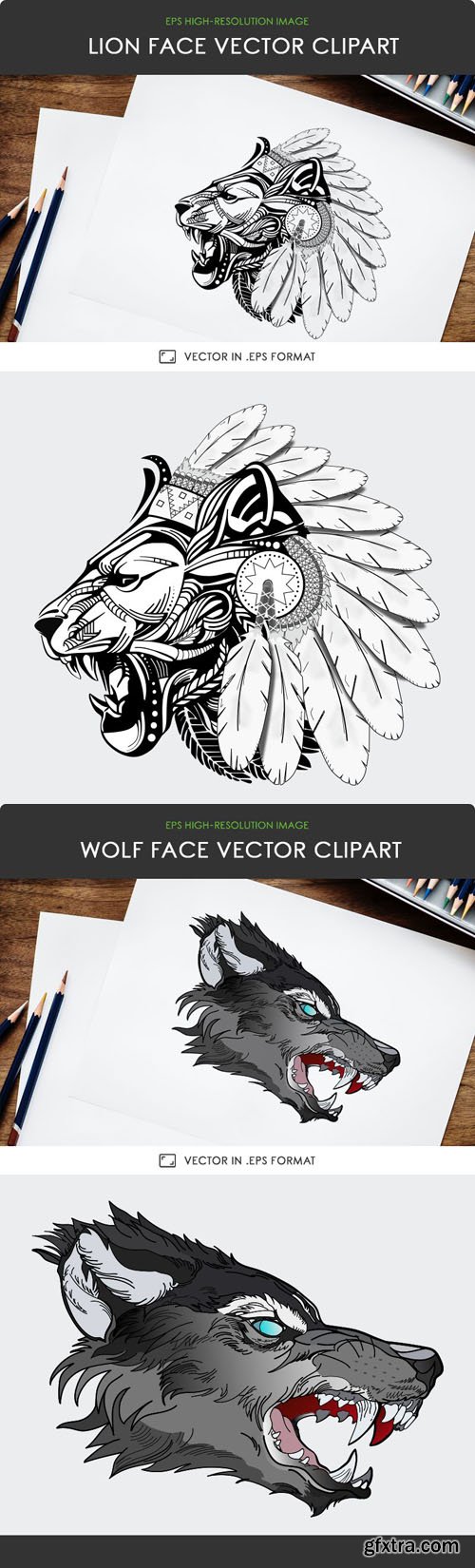 Lion & Wolf Face Vector Clipart
