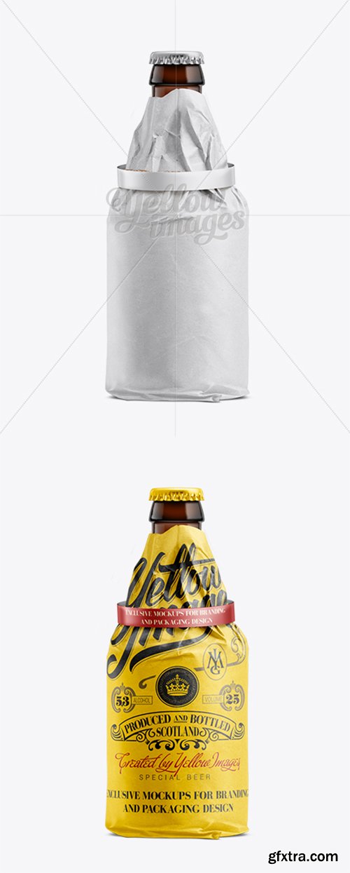 33cl Steinie Beer Bottle Wrapped in White Paper with Ribbon Mockup 11240