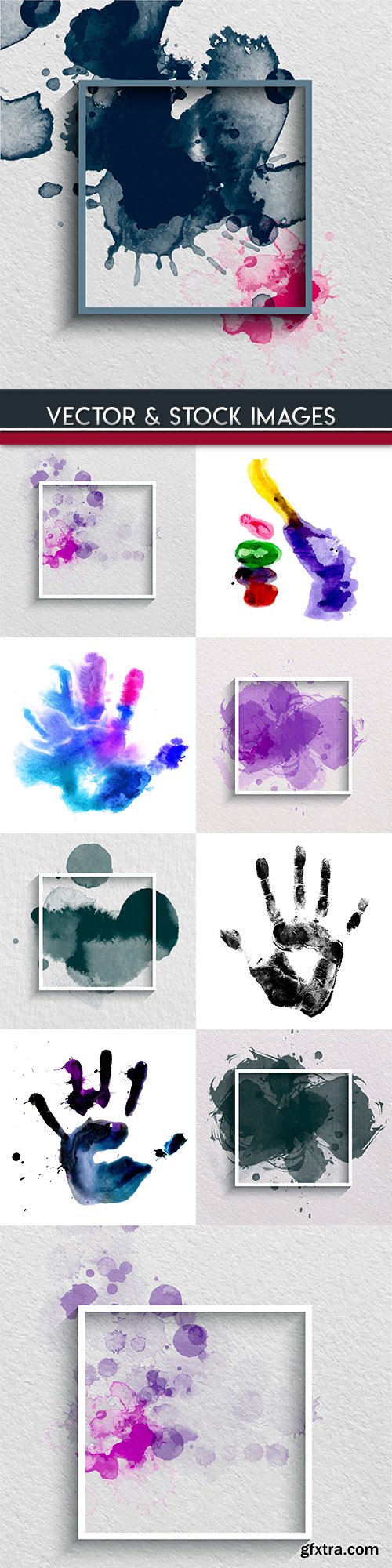 Watercolor splashes and prints hands banner design
