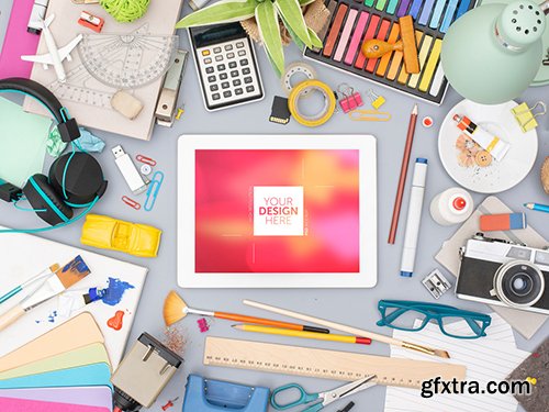 Desk with Tablet and Colorful Art Supplies Mockup 245404447